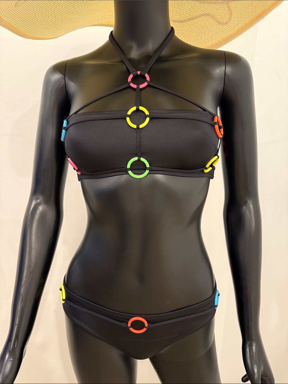 Agent Provocateur Black Neon Ring Bikini Set Rare Cutout Swimwear Size 2